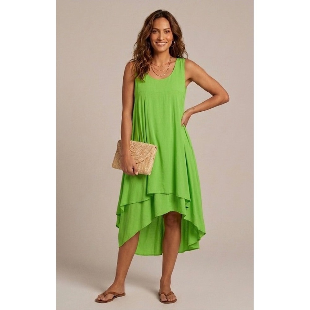 Verandah by Vina Dress Size L Green Sleeveless High Low Tiered Maxi Dress Boho